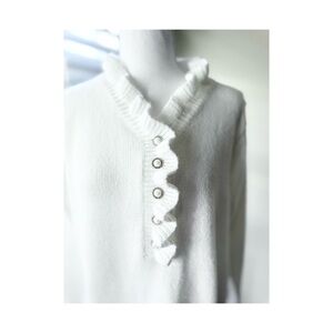 White Ruffle V-Neck Button Sweater